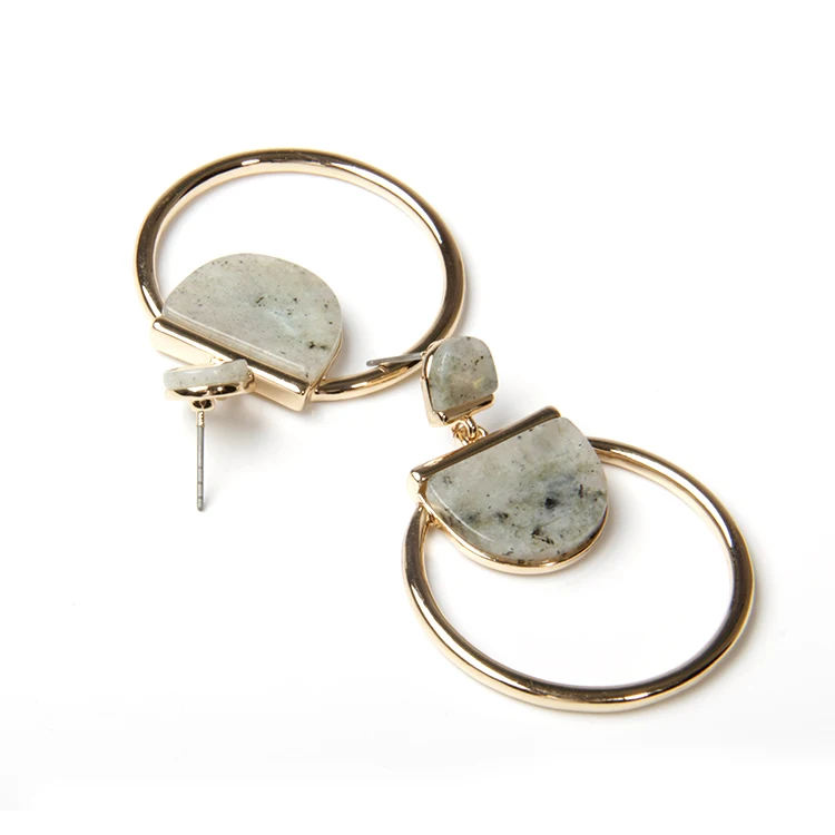 V&R Qingdao Jewelry Bijoux French Wire Earring Big Synthetic Malachite Stone Blue Zircon Rhinestone Gold Plated Earrings