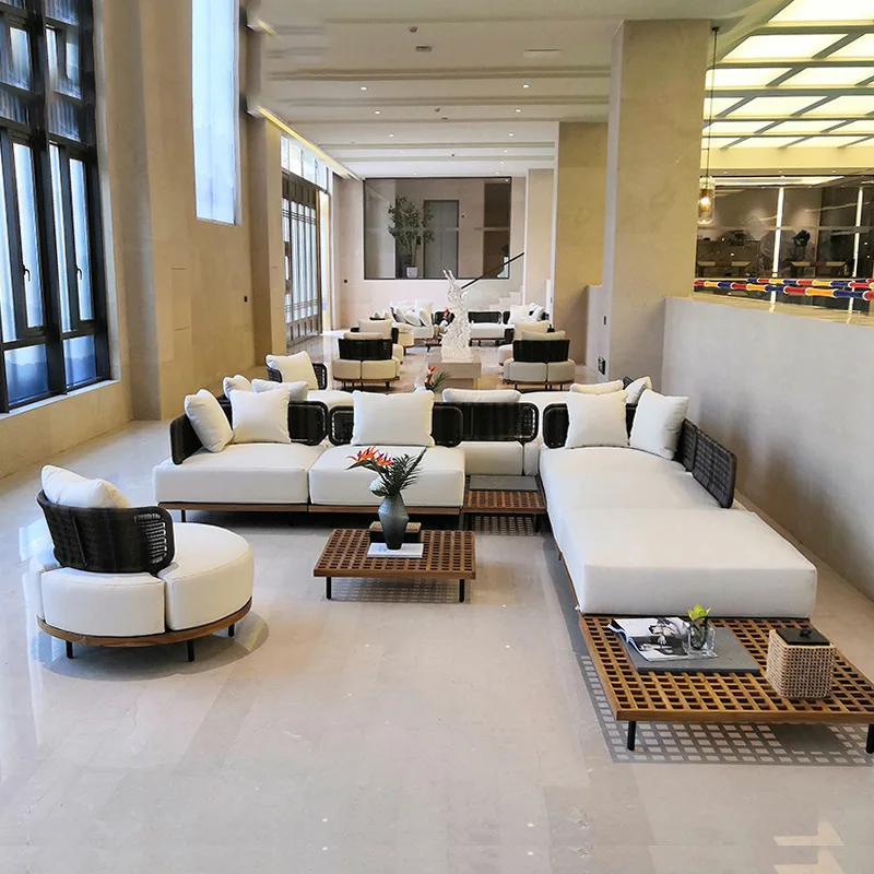 Garden Patio Natural Teak Wooden Sofa Luxury Teak Outdoor Sofa  Solid Teak Wood and PE Rattan Weaving Garden Outdoor Sofa Set