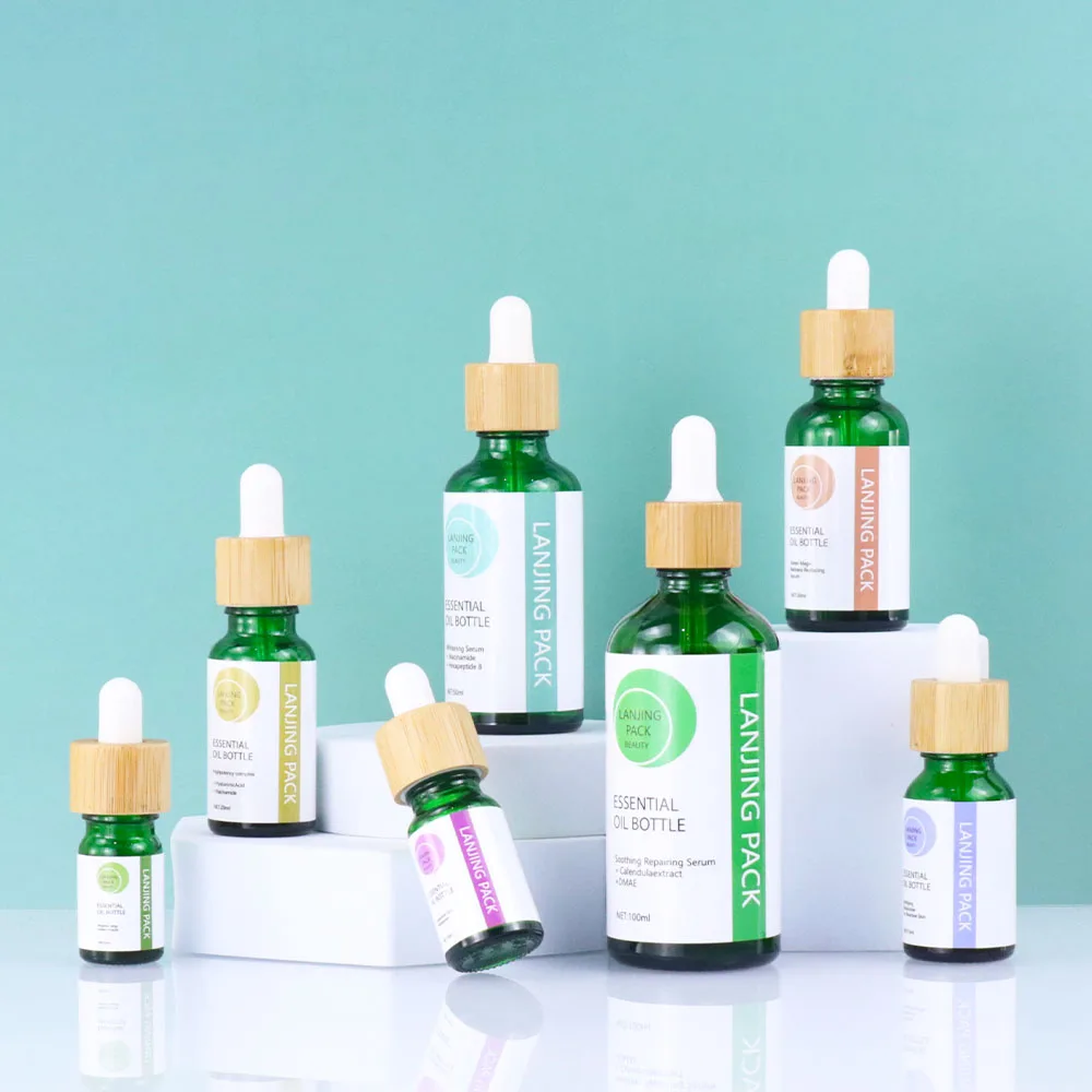 5ML 10ML 15ML 20ML 30ML 50ML  100ML Essential Oil Serum Round  Green Dropper Bottle WIth Label