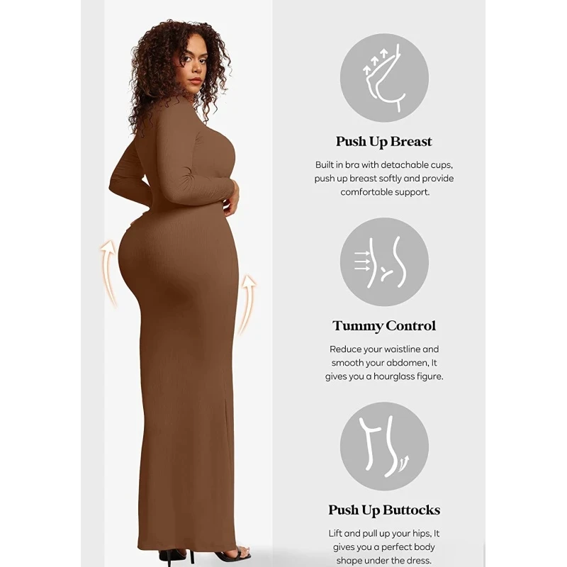 6385 Double Layer Body Shaping Bodycon for Women with Pad Built in Body Shaping Underwear 8 in 1 Long Sleeved Boho Maxi Dresses