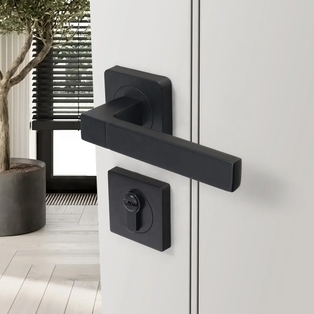 Yonfia A8230R10 Modern square Solid Black Aluminium Lever Door Handle Home Toilet Interior Lever Door Lock Handle for Wood Door