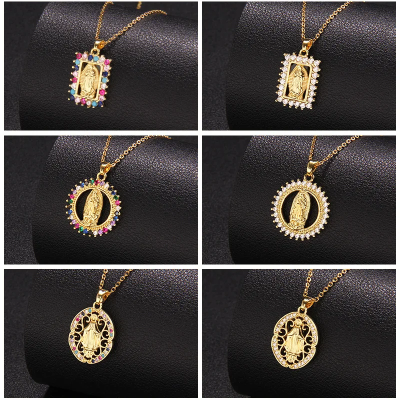 Vintage Religious Jewelry Copper Gold Plated Catholic Christian Micro CZ Zircon Virgin Mary Pendant Necklace