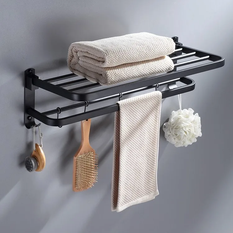 Wholesale Oem Factory Matte Black Aluminum Bathroom Rack Free Punch Towel Bar With Hook Foldable Towel Racks