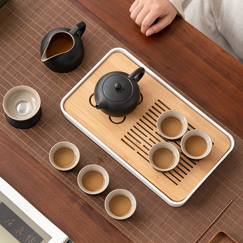 Portable Outdoor Home Kung Fu Tea Set Coarse Pottery Beam Pot and Dry Bubble Travel Set Ceramic Teapot Teacup with Tea Tray