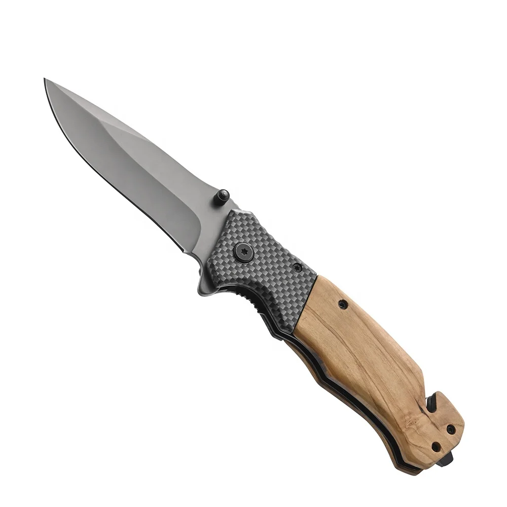 Handy Gray Titanium Coated Olive Wood Handle Folding Camping Survival Pocket Knife