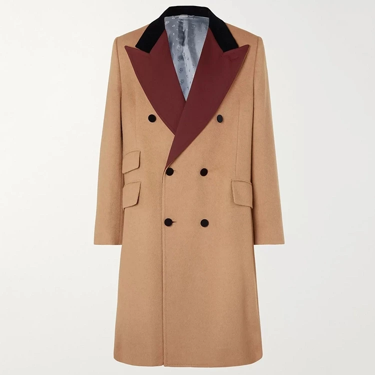 OEM Custom Velvet and Twill-Trimmed Double-Breasted Camel Hair Coat for Men