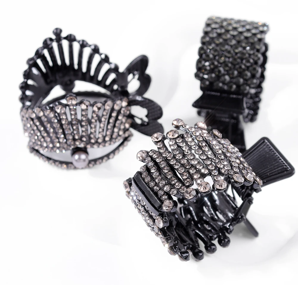 3 Black Full Rhinestone Hair Claws-Elegant High Ponytail Clip Crown Wave High Horse Tail Buckle Accessories Add Volume Hair