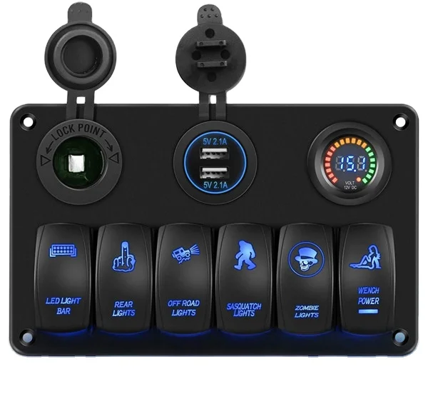 Marine  6 gang rocker switch panel with double cigarette lighter charger and the USB voltmeter for car boat