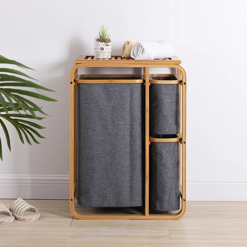 Bamboo Laundry Basket Shelf Storage Hamper With 3 Drawer Compartments For Towel Clothes Classification Bamboo Laundry Hamper