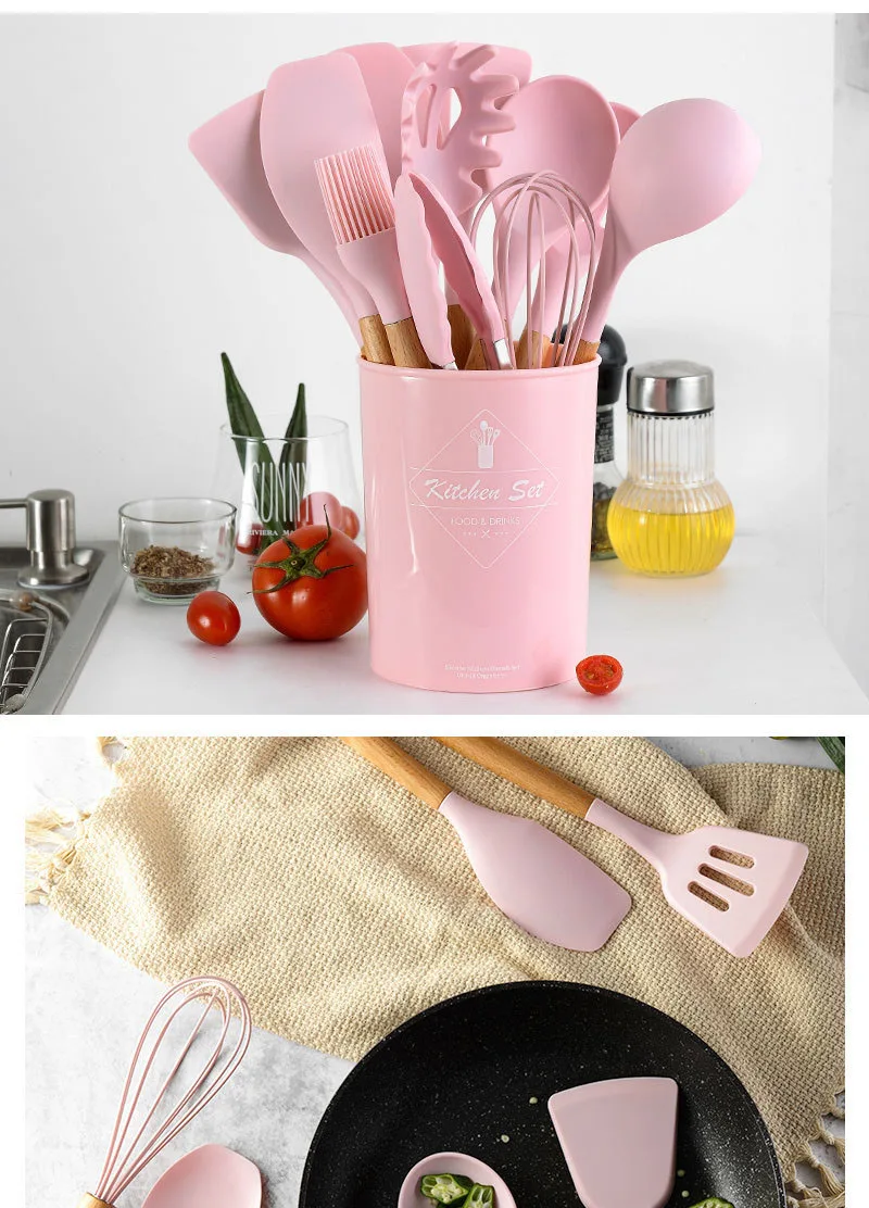 Non-stick Pot Shovel With Storage Bucket Pink Wooden Handle 12pcs Silicone Kitchen Utensil Set