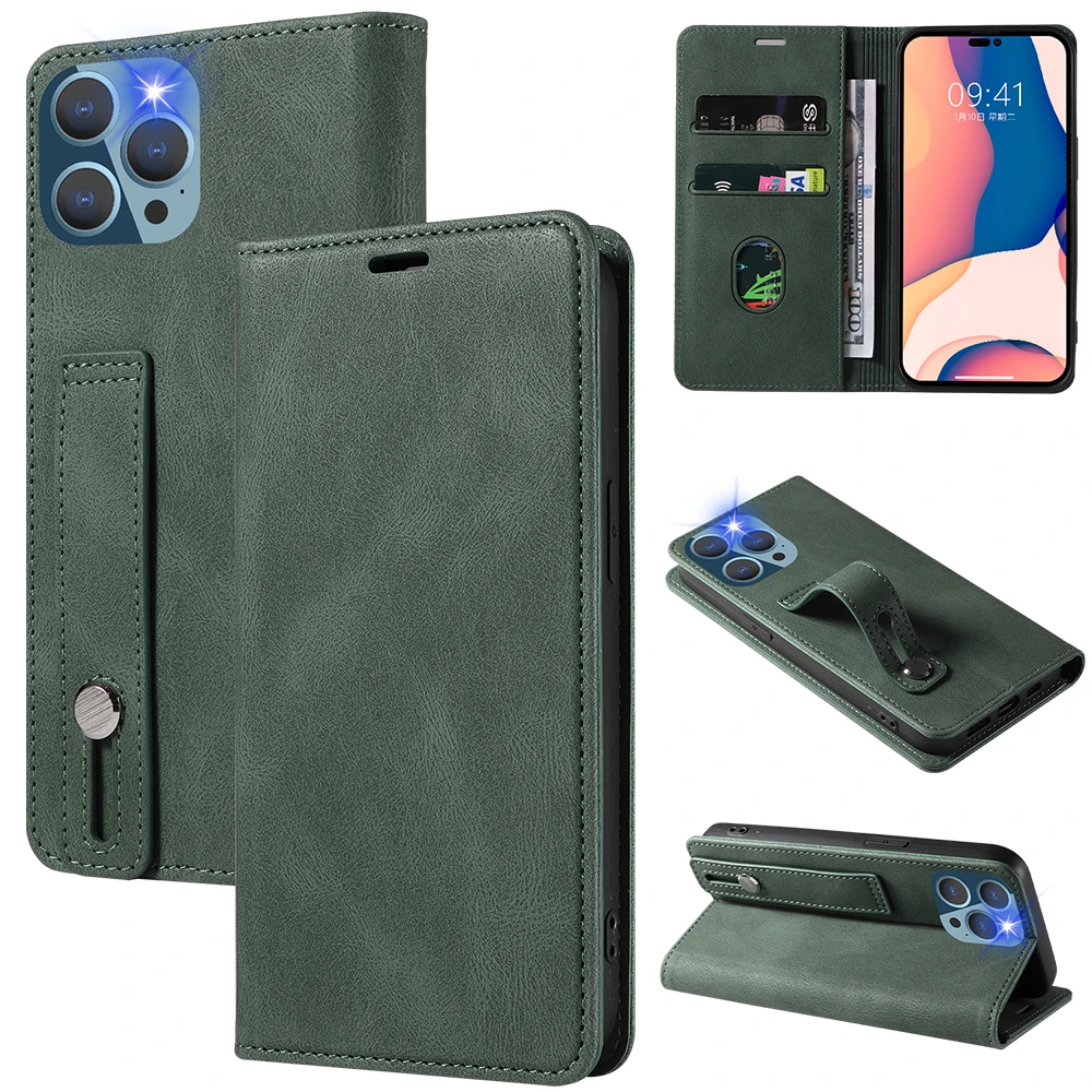 For iPhone 16 Pro Max Case With Stand and Magnetic Closure Flip Leather Wallet Mobile Phone Case With Wrist Strap
