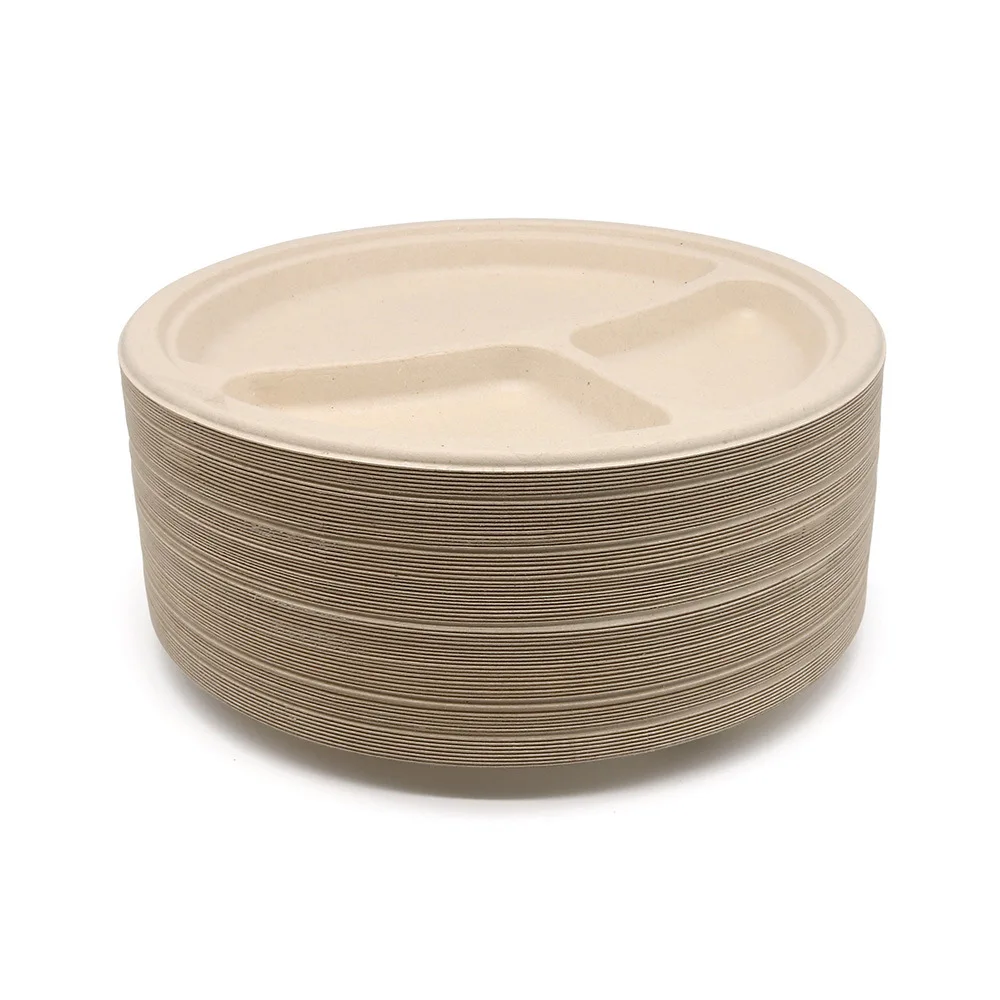 Factory Direct Sales 9 Inch 3 Grid Disposable Tableware Bagasse Pulp Bamboo Pulp Environmentally Friendly Plates