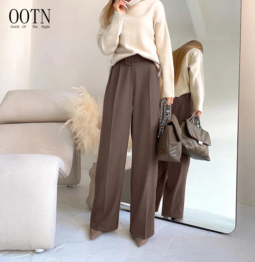 OOTN Plus Length korean Palazzo Cozy Women Sashes Elastic Waist Pants Elegant Ladies Brown Trousers Autumn Office Wide Leg Pants