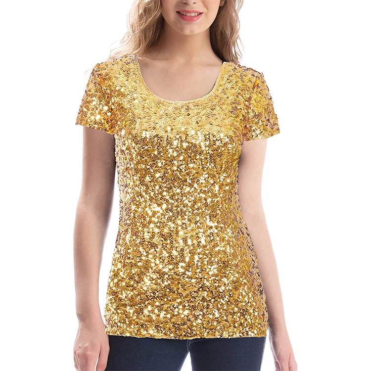 Custom sequins tops golden gold O-neck knitted woven short sleeve  party wear spaghetti strap red sequin tops for women
