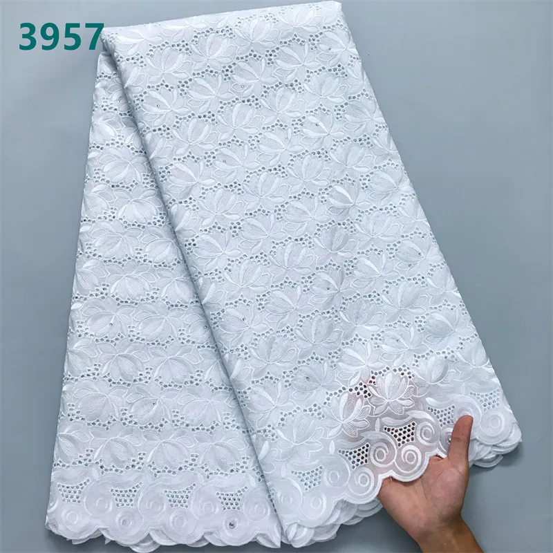 White and Gold African Embroidery Lace Fabric with Rhinestones Wholesale Swiss Voile Cotton Lace for Women Wedding Dresses 3957