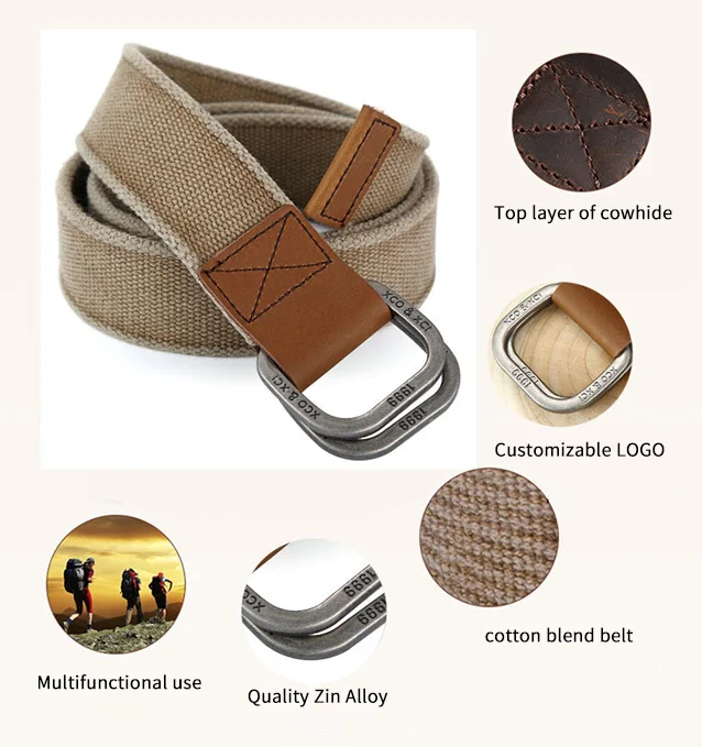 Men Genuine Leather Canvas Fabric Belts Casual Web Cloth Belts with Black Double Ring Buckle