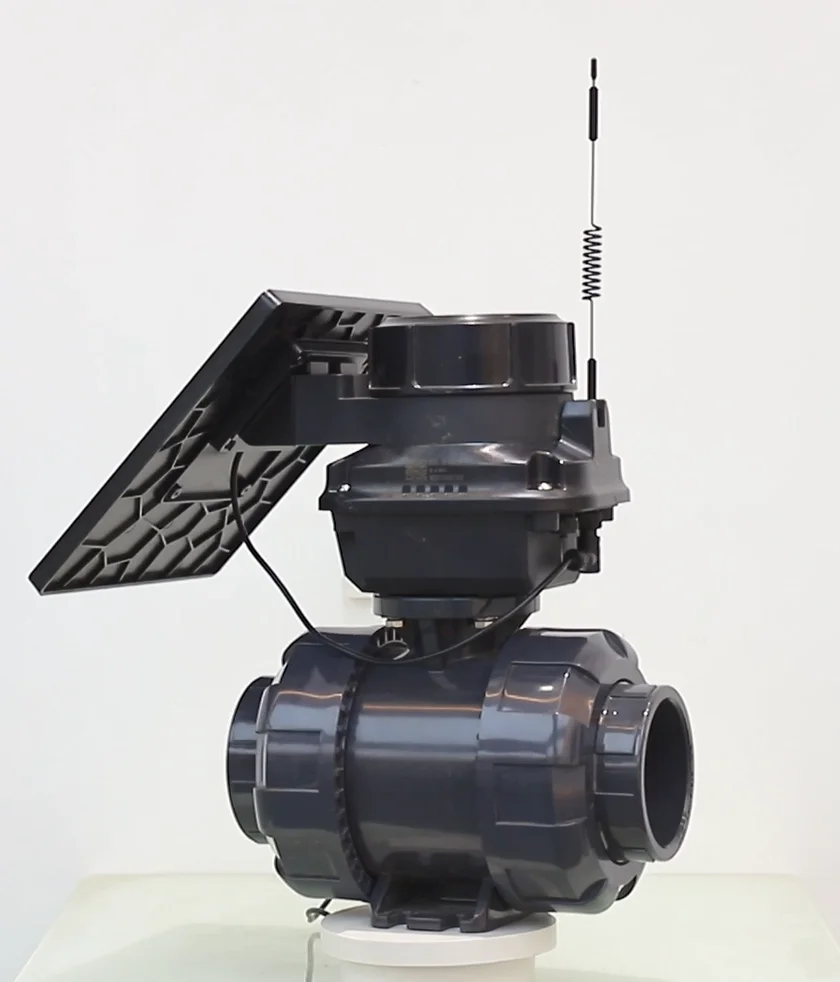 LoRaWan Connected DN100 DC24V Waterproof Double Union PVC Motorized Ball Valve Driven by Solar Power