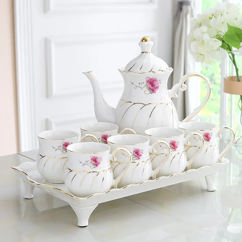 Luxury High Quality Western Design Ceramic 8 Pieces Teapot And Cup With Tray Porcelain Tea Pot Cup Set Tea For One Teapot Set