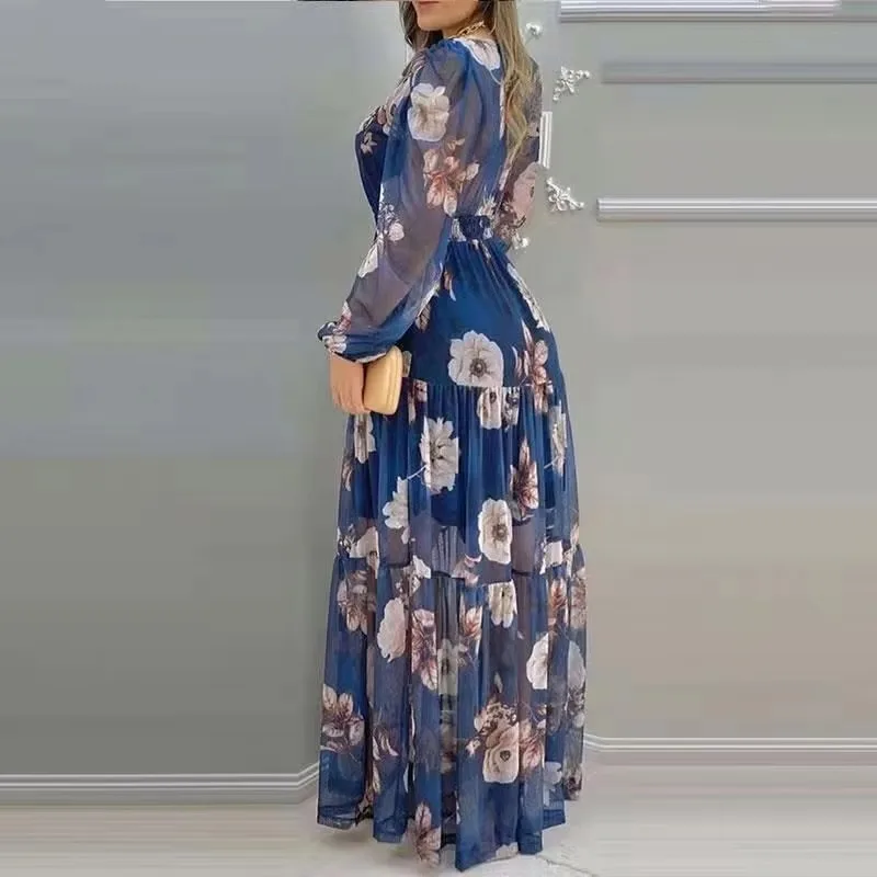 New Long Printed V-Neck Chiffon Dress
