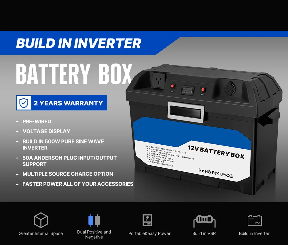 Auto Waterproof Plastic Smart Camping Power Lead Acid Lifepo4 12V Battery Box with Inverter