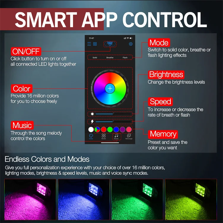 Nova Auto Music App Control Flush Mount RGB And White Led Pod Lights With Halo Ring