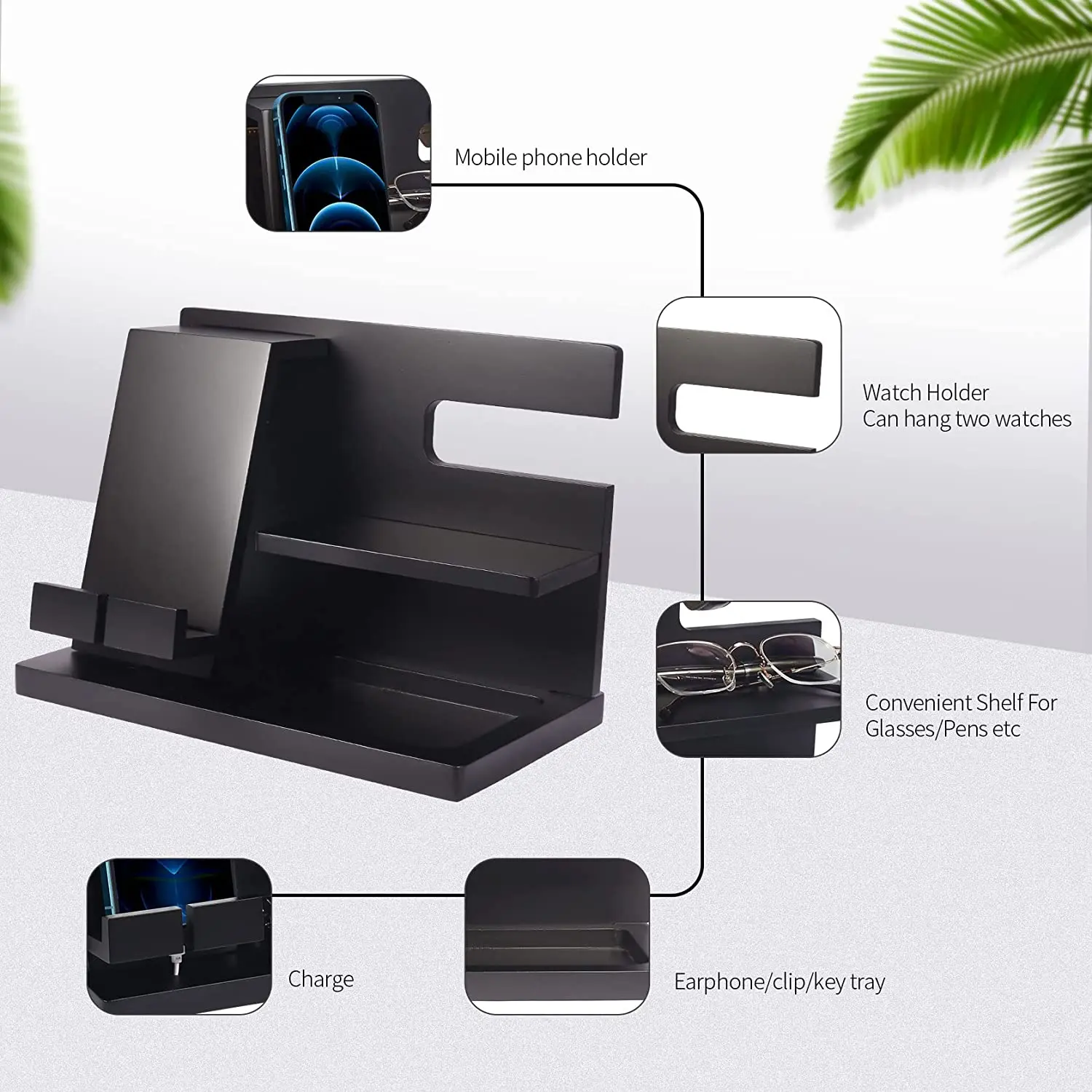 Черное дерево док-станция для телефона тумбочка Органайзер Настольные принадлежности ключ держатель