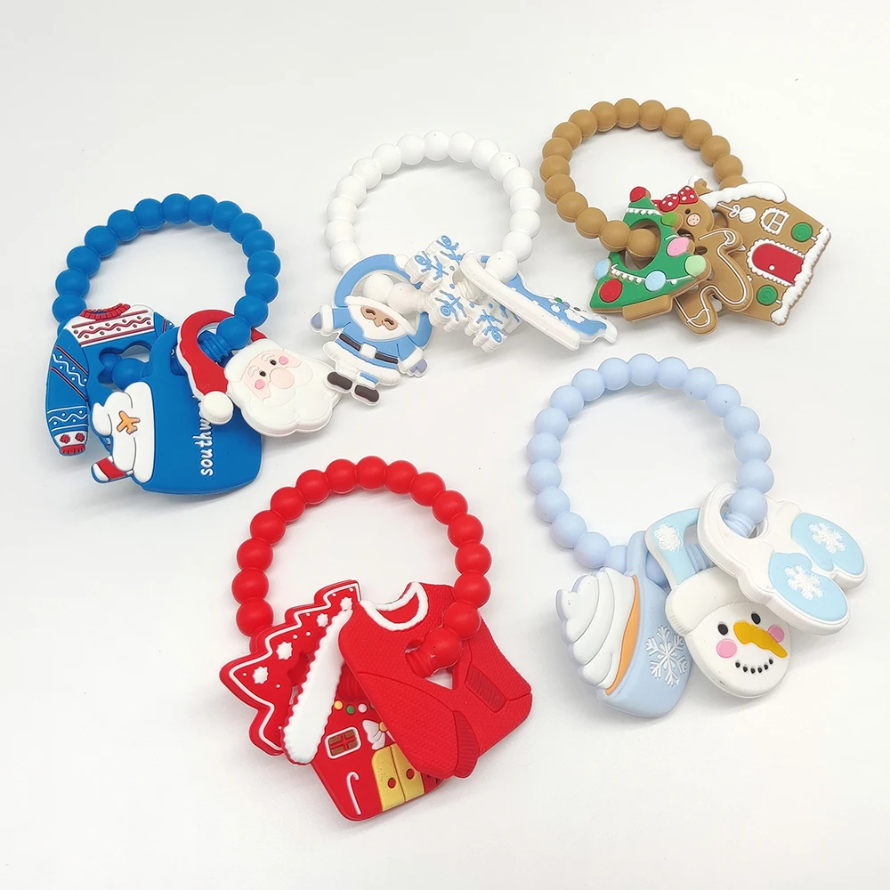 Food Grade BPA Free Baby Soother Teething Ring Soft Sensor Soft Chew Christmas Silicone Baby Teether Toy