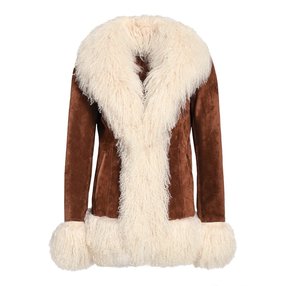 Wholesale Genuine Sheepskin Suede Leather Coat with Fur Collar women Luxury Winter Custom Womens Real Leather Suede Coats Woman