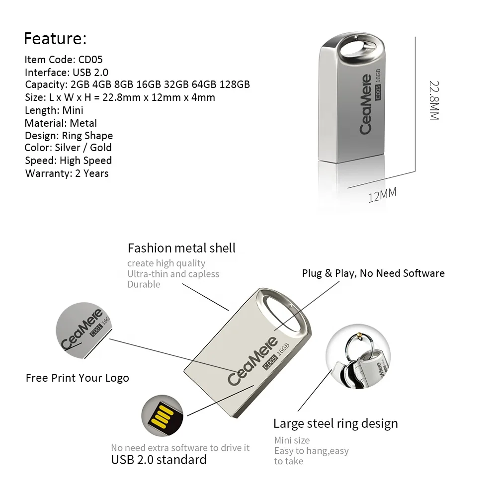 Ceamere CM-CD05 Original  Metal USB 2.0 64GB Drives Memory Stick 8GB 16GB 128GB Mini Metal  Pendrive 64GB USB Flash Drive