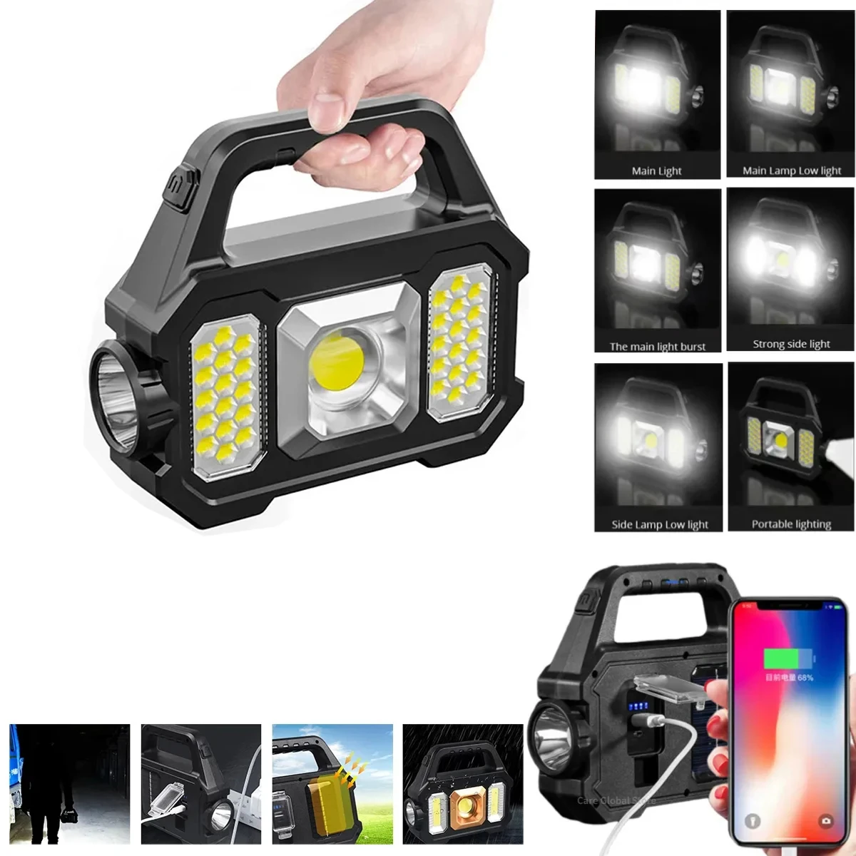 Solar Rechargeable LED Flashlight COB Zoomable Waterproof Tactical Torch Lamp Bulbs Can Charge Mobile Phone Camping Flashlight