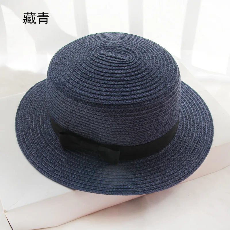 
Wide Brim with bowknot paper boater flat top collapsible straw female visor beach hat Floppy travel straw hat 