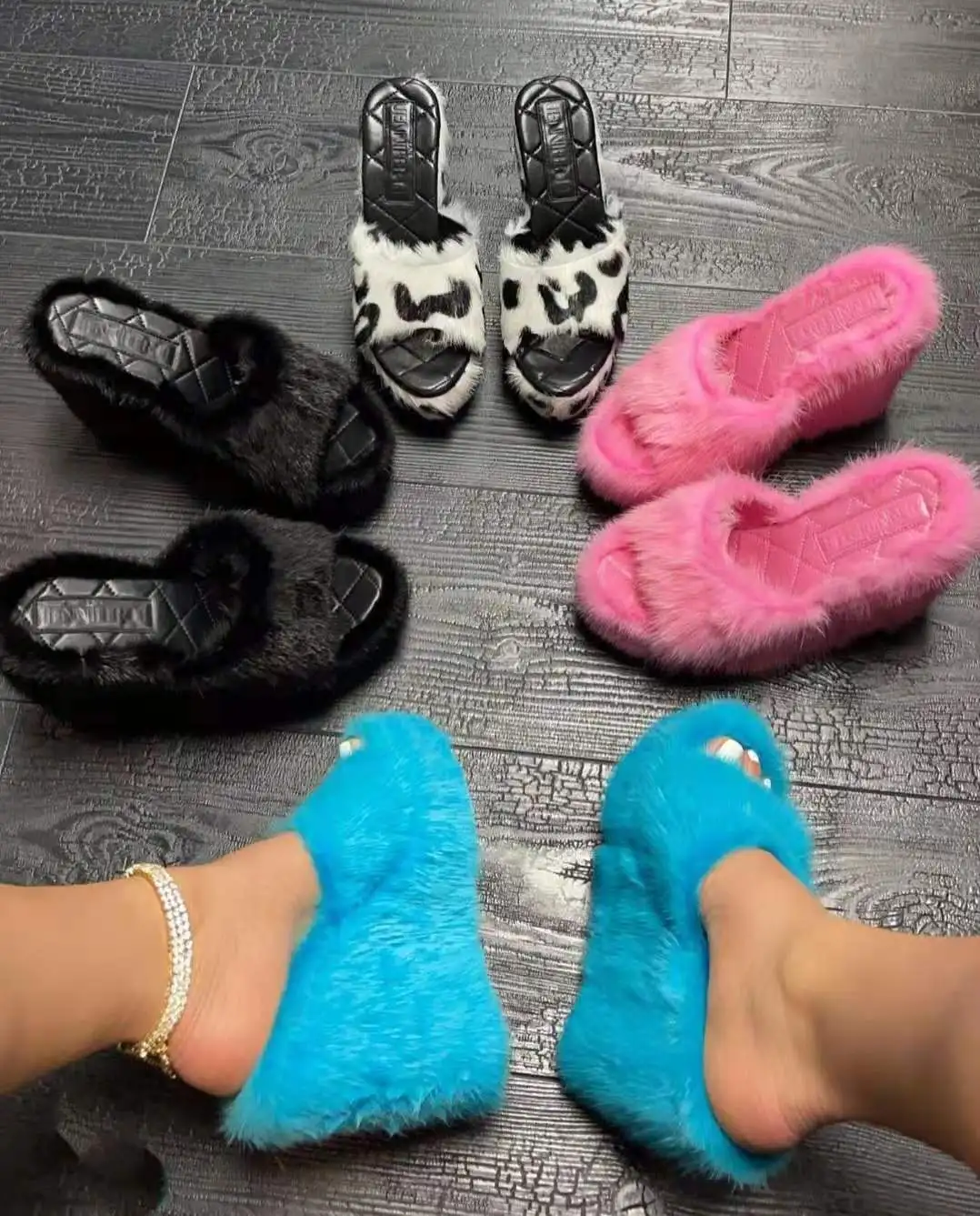 2022 Sandale Femme Fur Slides Platform Green Terry Towel Slippers Fashion Fur Flip Flops Slippers For Women