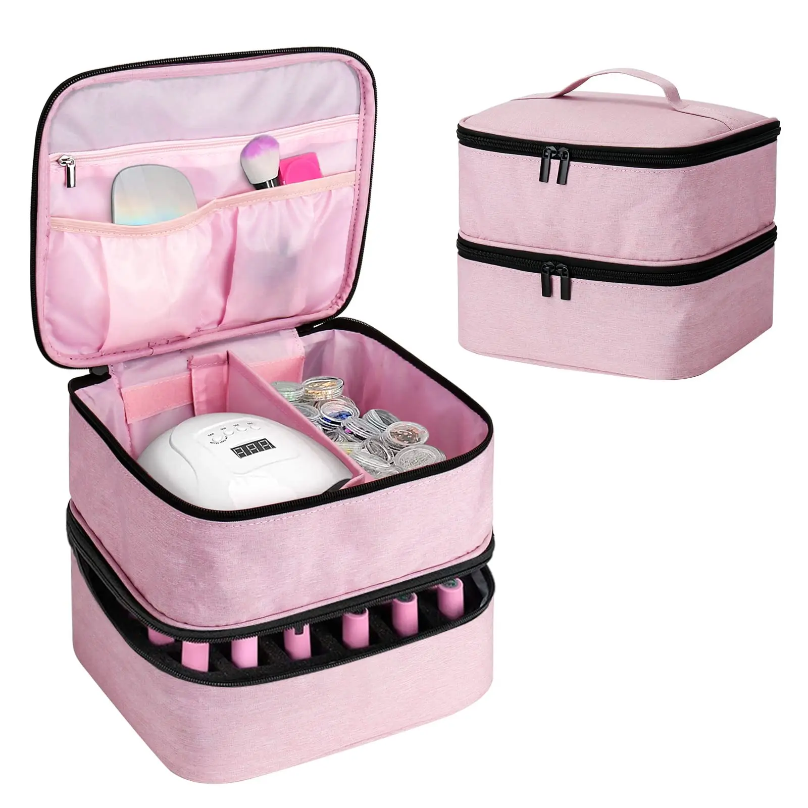 Custom Portable Pink Double Layer Beauty Tools Storage Nail Polish Organiser Bag with Sturdy Handle