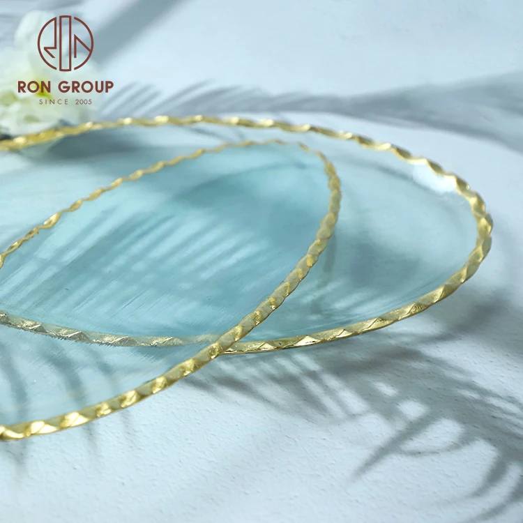 Cheap Wide gold rim clear candy food warmer glass dinnerware charger plate for wedding decoration baking dishes glass