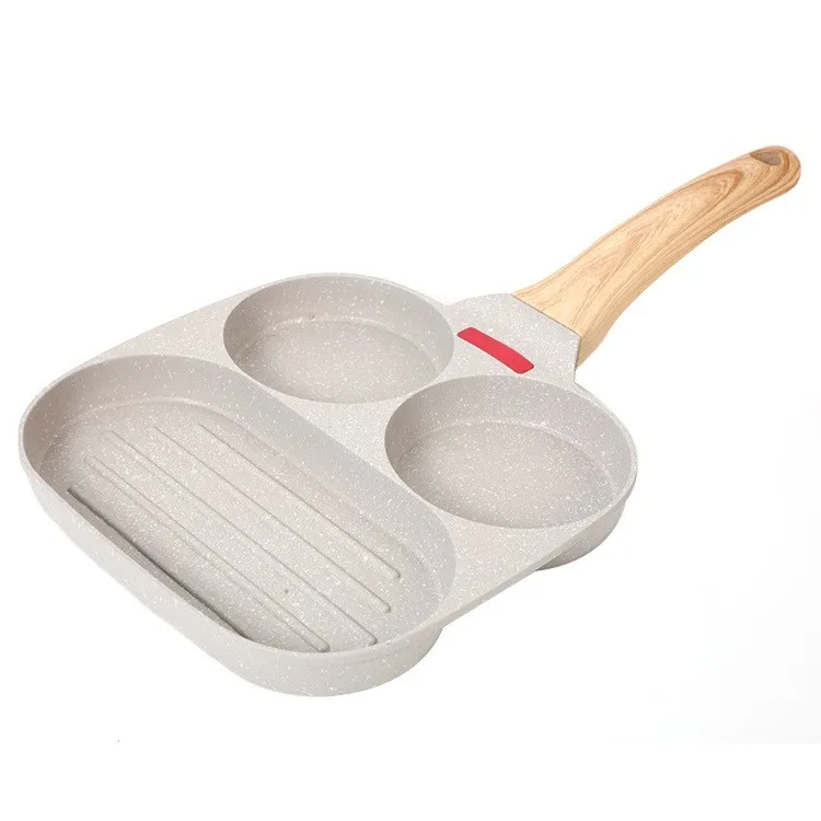 Nonstick Egg Steak Frying Pan With Lid,4 Section Aluminium Alloy Fried Egg Cooker With Wood Handle