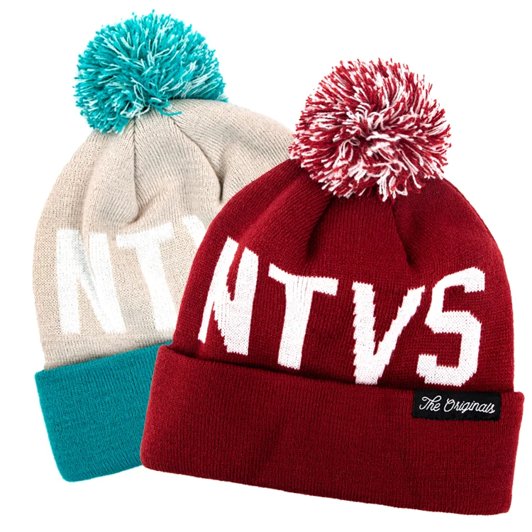 Winter Warmly beanie cap Custom acrylic knit woven label Faux Fur Pom Pom Beanie Hat