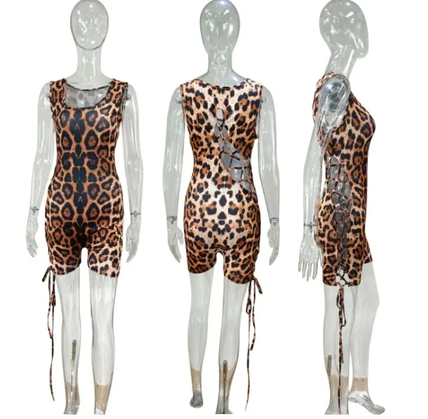 2022 Summer overall Jumpsuit Women u neck sleeveless leopard tie die camo ribbed strappy shorts jumpsuit