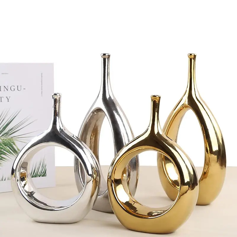 Redeco 2023 Novelty Pink Vase Silver Ornament Vase Ceramic Electroplate Vases For Home Decor