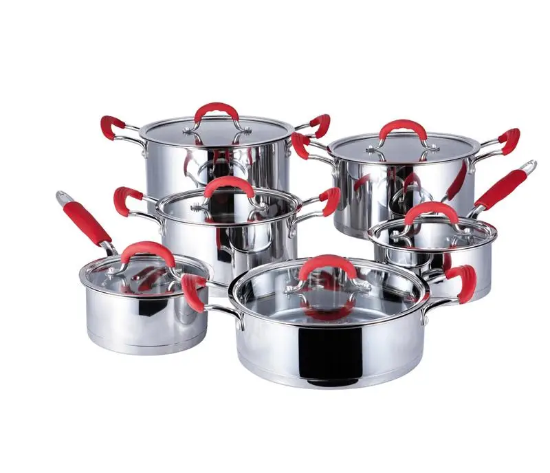 201multifunctional stainless steel pot casserole pot kitchen supplies Red silicone handle glass lid