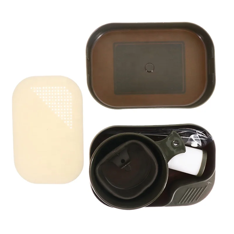 Free Sample Durable Traveling Hiking Camping Outdoor Metal 8-Piece Mess Kit Mess Tin Food Container with Handle Green Olive