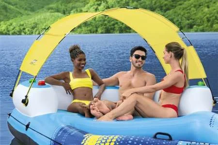 Newest inflatable Sunny 4-5 person Large Floating Island Lake water lounge Raft with Cup Holders can Move Load weight 360KG