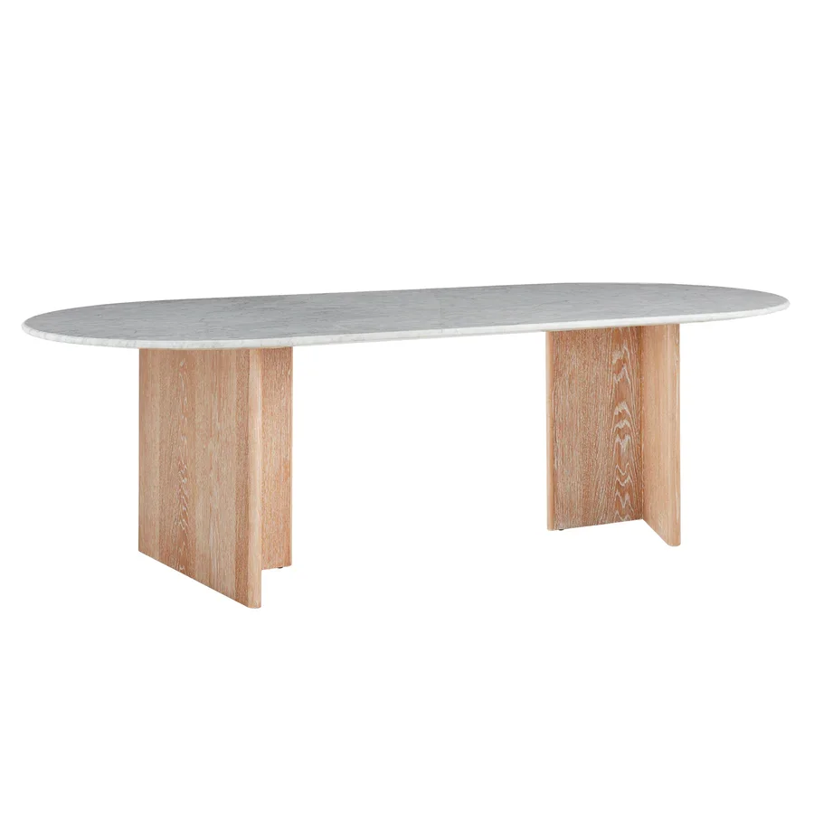 Jonathan adler BRUSSELS T-BASE  oak base dining table with capsule oval shaped white marble top for 6 to 8 seats dining table