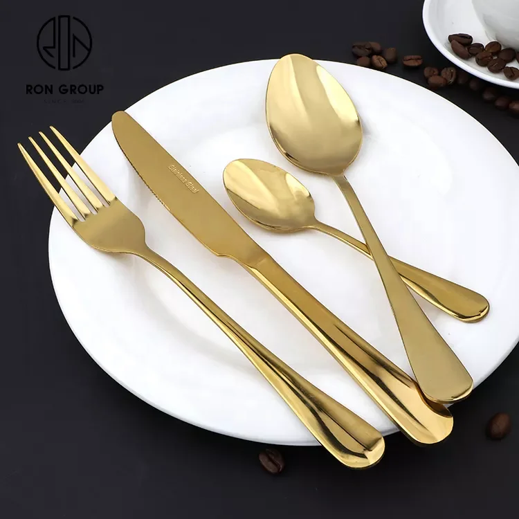 restaurant stainless steel wedding cutlery set 18/8 gold spoon and fork set round 5pcs flatware set