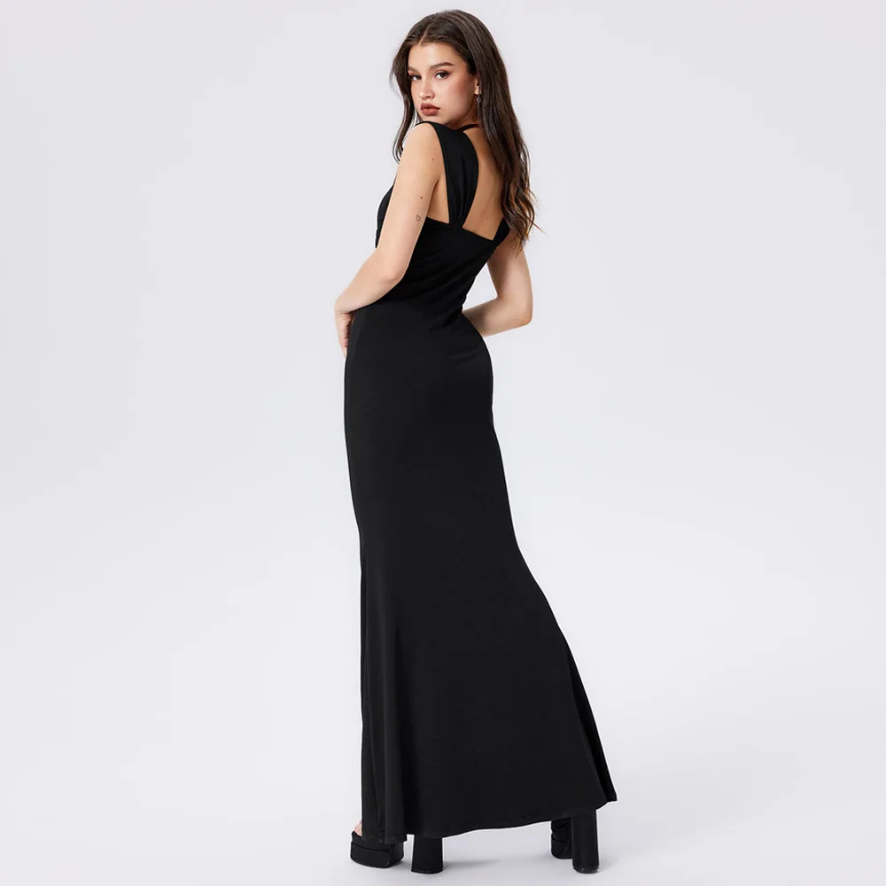 2024 European American elegant V-neck waist slimming design sense large open back hem slit long skirt