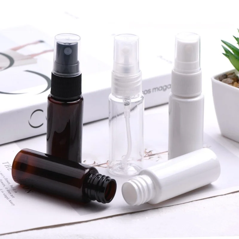 Eco friendly 20Ml Pet Round Plastic Spray Bottle Portable Frost Perfume bottle with black white clear pump sprayer