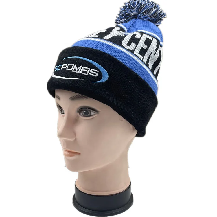 Sports football bobble knitted hat with logo,custom pom beanies embroidered bobble hat