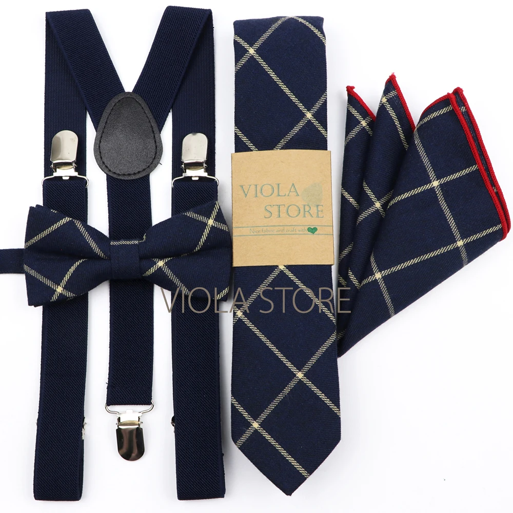 Navy Brown Mint Green Elastic Suspender Plaid Cotton Bow 6cm Tie Pocket Square Set Men Wedding Party Brace Cravat Gift Accessory
