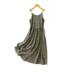 Wholesale 100% Silk Women Dresses Printed Spaghetti Slim Waist Sleeveless Beach Midi Dress 2023 Summer Holiday Clothes D35754C