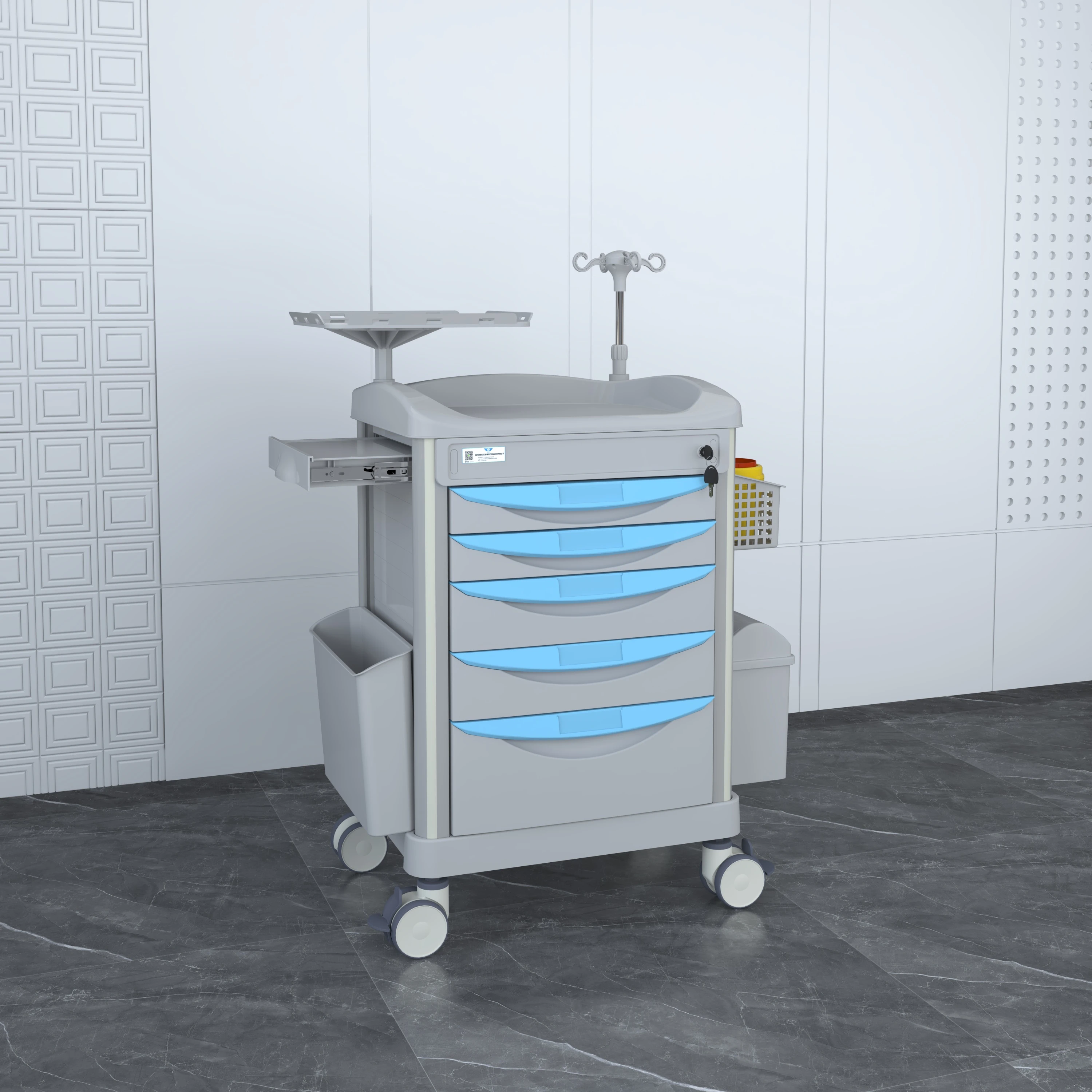 Factory best sell hospital mobile ABS treatment rescue trolley crash cart with wheel defibrillator shelf