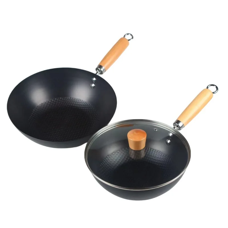20cm Mini Wok Iron Wok For One Person Non-Stick Uncoated Pan With Lid Cookware